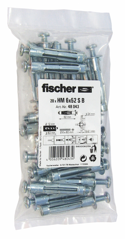 fischer Hohlraum-Metalldübel HM 6 x 52 S B im Beutel - AUSLAUF