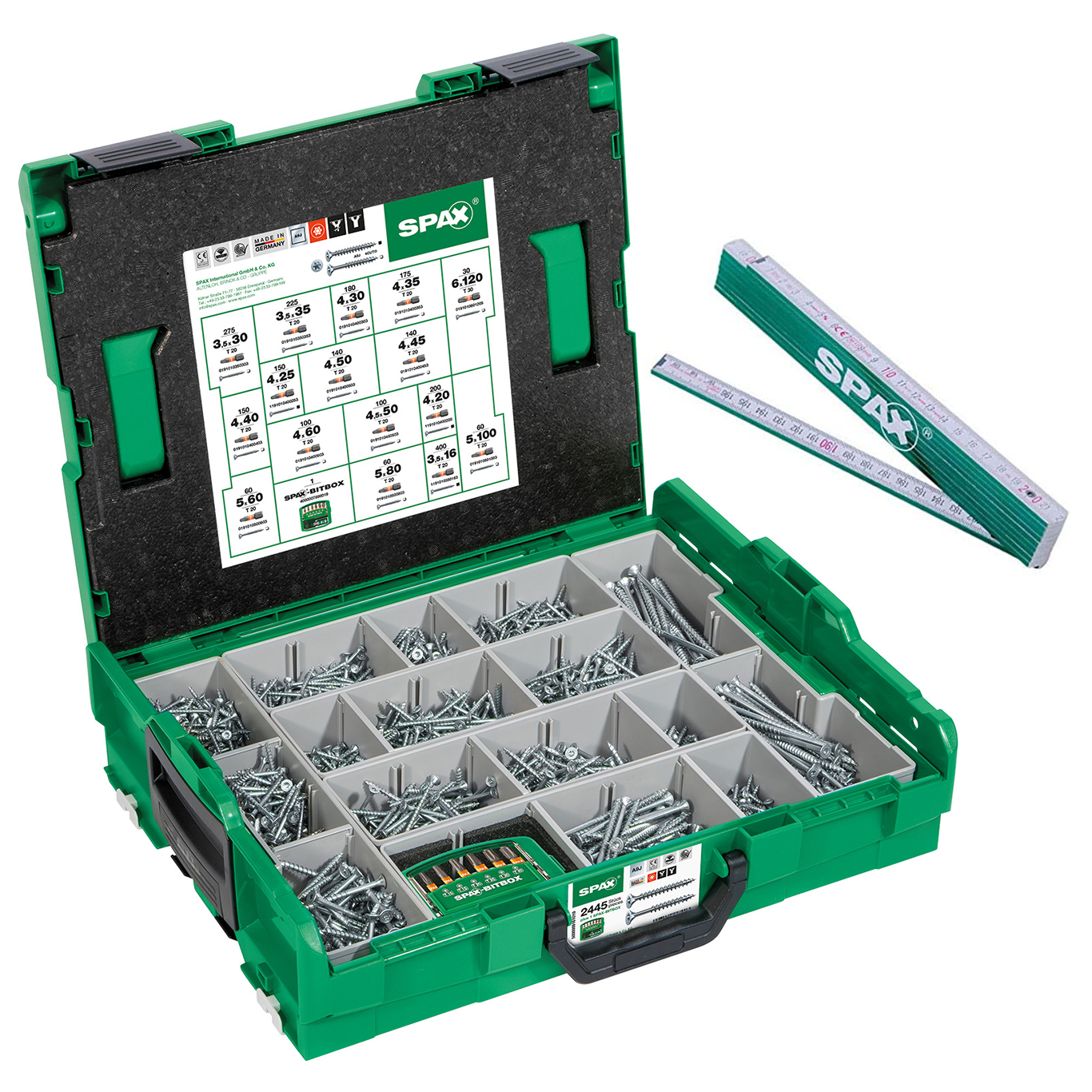 SPAX Sortimentskoffer - Senkkopf T-STAR PLUS WIROX - L-BOXX inkl. 2.446 Schrauben und 1 Meterstab